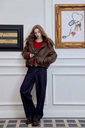 VILZSTUDIOS Cozy Maillard Leather Hooded Puffer Jacket