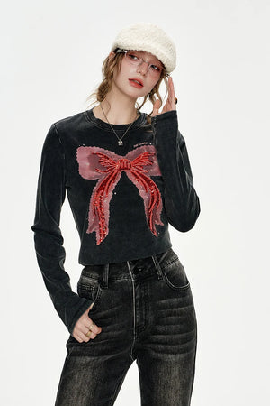 VILZSTUDIOS Bowknot Sequin Embroidered Slim Long Sleeve Top