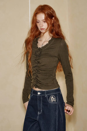 VILZSTUDIOS Feminine Pleated Flower Long Sleeve Top