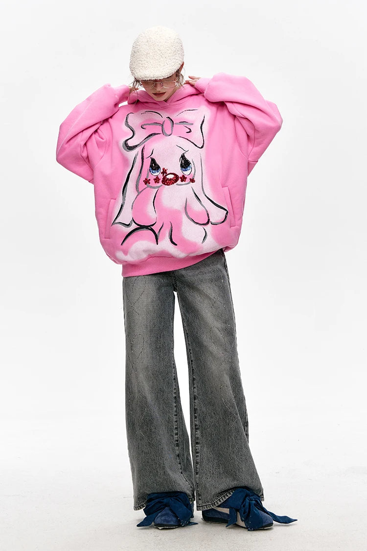 VILZSTUDIOS Pink Velvet Cartoon Rabbit Printed Hoodie