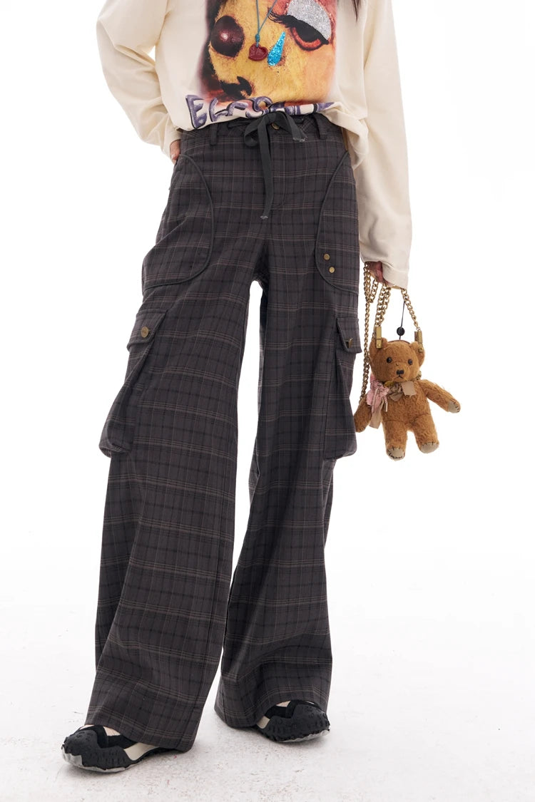 VILZSTUDIOS Retro Plaid High Waist Wide Pants