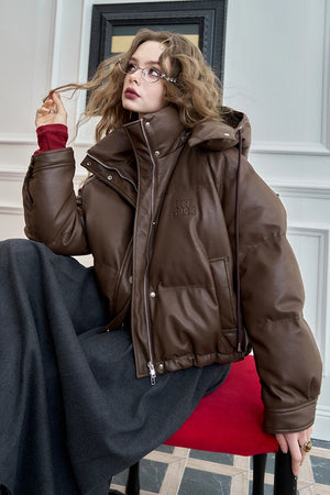 VILZSTUDIOS Cozy Maillard Leather Hooded Puffer Jacket