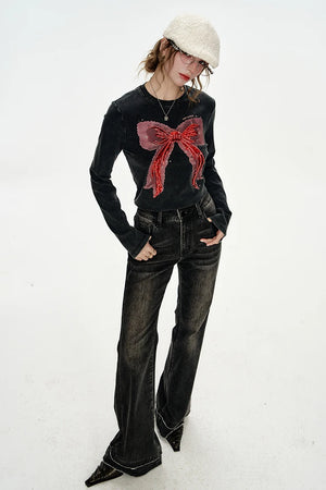 VILZSTUDIOS Bowknot Sequin Embroidered Slim Long Sleeve Top