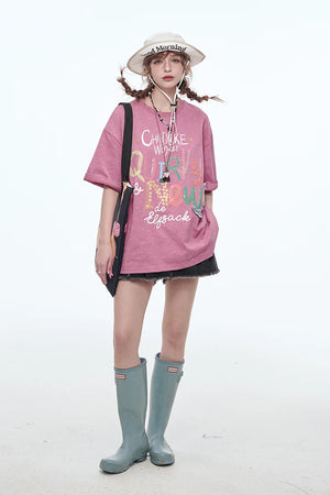 VILZSTUDIOS Sweet Pink Letter Printed T-Shirt
