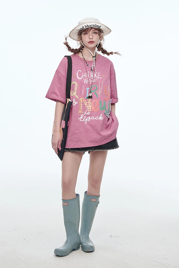 VILZSTUDIOS Sweet Pink Letter Printed T-Shirt
