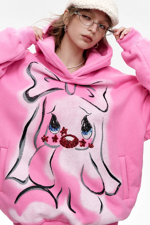 VILZSTUDIOS Pink Velvet Cartoon Rabbit Printed Hoodie