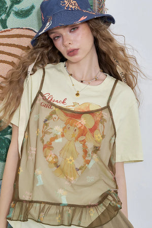 VILZSTUDIOS Cute Mesh Halter Print Two-Piece T-Shirt