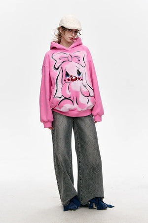 VILZSTUDIOS Pink Velvet Cartoon Rabbit Printed Hoodie