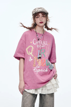 VILZSTUDIOS Sweet Pink Letter Printed T-Shirt