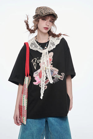 VILZSTUDIOS Lace Round Neck Printed T-Shirt