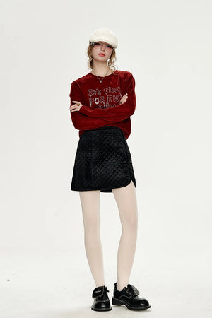 VILZSTUDIOS Stylish Black Diamond Velvet A-Line Skirt