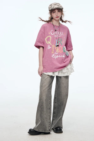 VILZSTUDIOS Sweet Pink Letter Printed T-Shirt