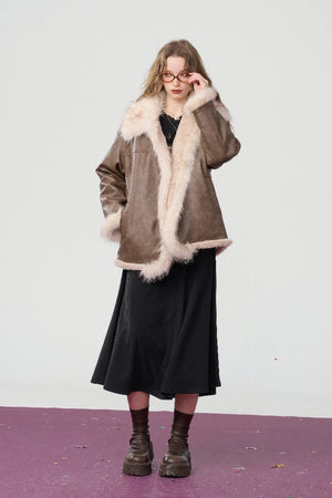 VILZSTUDIOS Elegant Brown Plush PU Leather Jacket