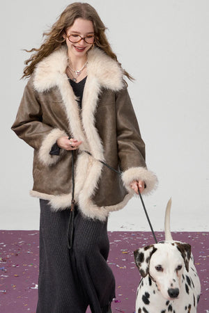 VILZSTUDIOS Elegant Brown Plush PU Leather Jacket