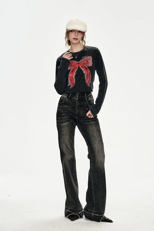 VILZSTUDIOS Bowknot Sequin Embroidered Slim Long Sleeve Top