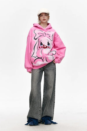 VILZSTUDIOS Pink Velvet Cartoon Rabbit Printed Hoodie