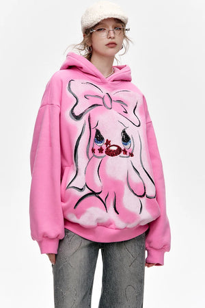 VILZSTUDIOS Pink Velvet Cartoon Rabbit Printed Hoodie