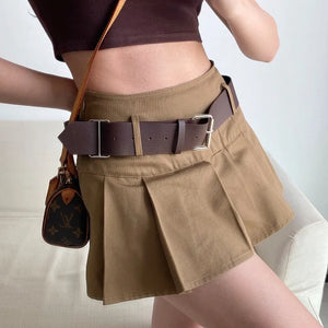 VILZSTUDIOS Brown Pleated Mini Skirt with Belt