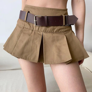 VILZSTUDIOS Brown Pleated Mini Skirt with Belt