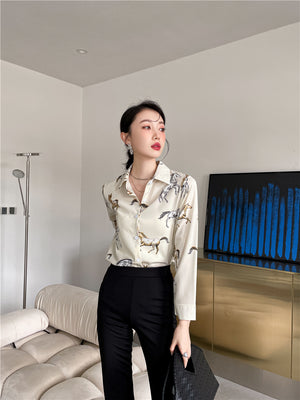 VILZSTUDIOS Chic Chiffon Horse Print Button-Up Shirt