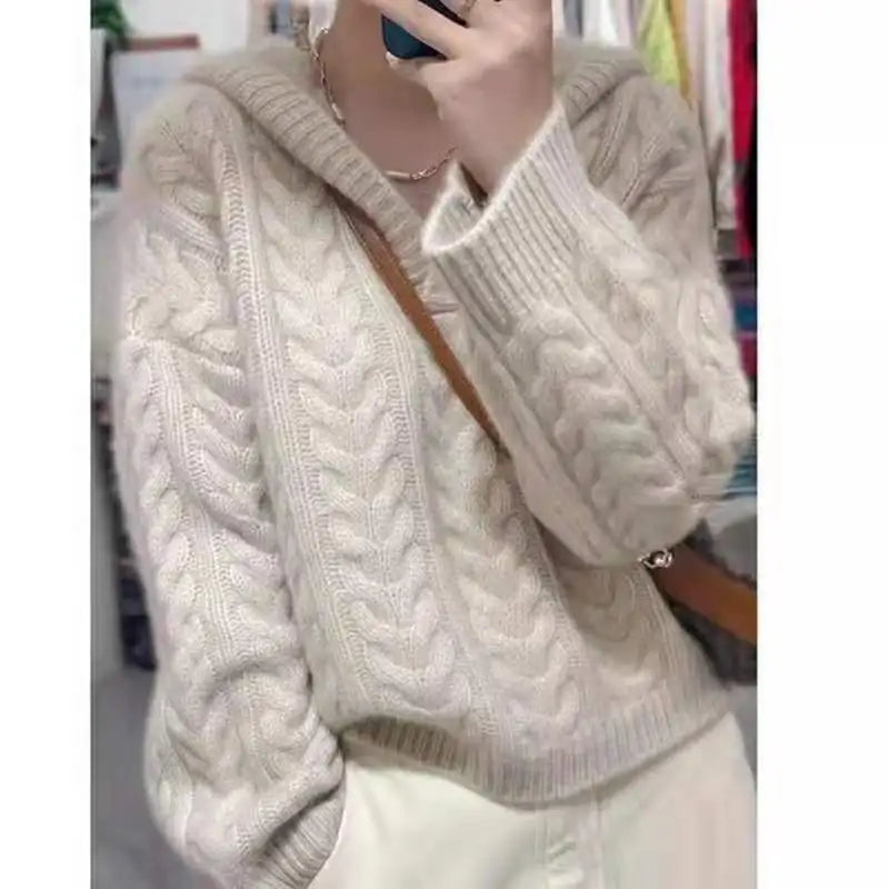 VILZSTUDIOS Hooded Loose V-Neck Sweater