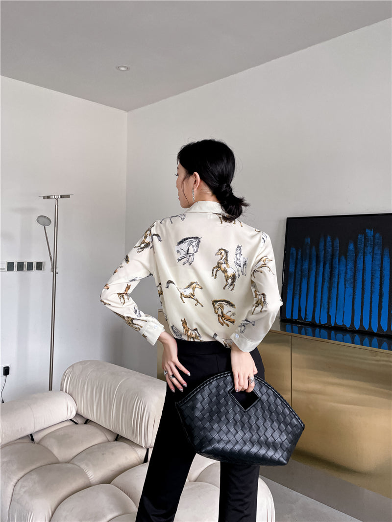 VILZSTUDIOS Chic Chiffon Horse Print Button-Up Shirt
