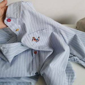 VILZSTUDIOS Cool Cartoon Embroidery Striped Shirt