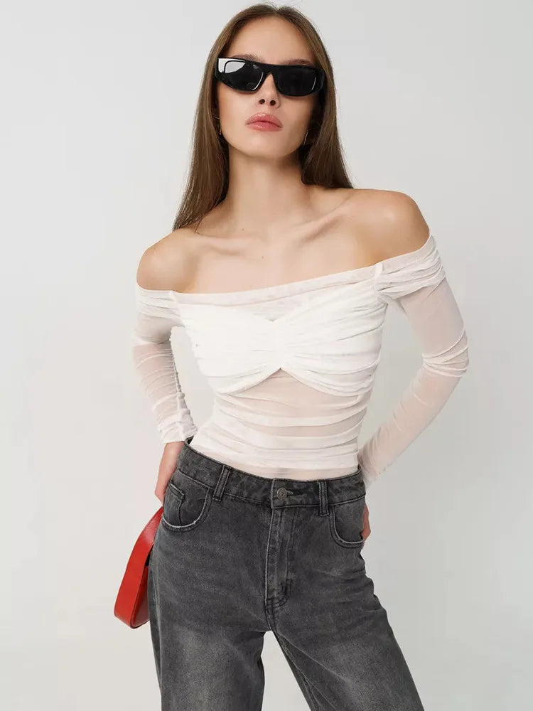 VILZSTUDIOS Elegant Mesh Off Shoulder Pleated T-Shirt