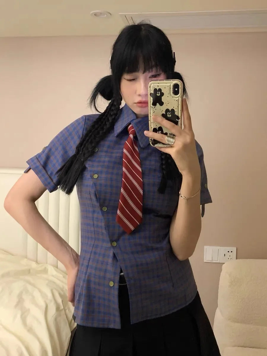 VILZSTUDIOS Sweet Y2K Vintage Plaid Short Sleeve Shirt