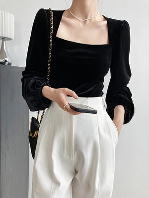 VILZSTUDIOS Black Velvet Square Neck Blouse