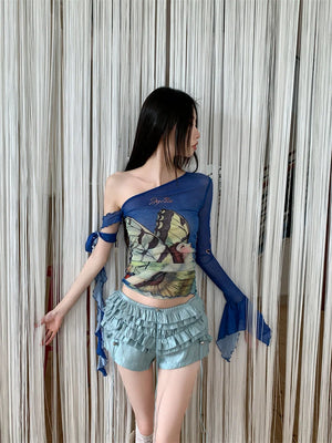 VILZSTUDIOS Blue Butterfly Mesh Off Shoulder Long Sleeve Top