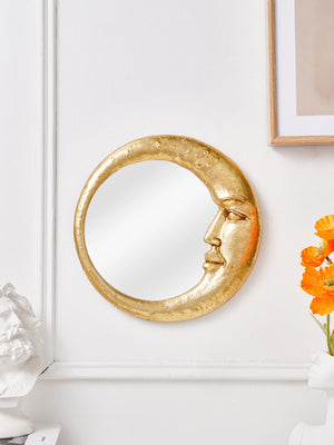 VILZSTUDIOS 1PC, resin material gold face meniscus round decorative hanging mirror, decorative home art pendant, creative makeup mirror.