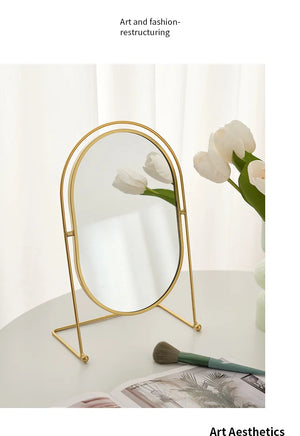 VILZSTUDIOS 360°Rotate Oval Makeup Mirror Nordic Brass Gold Metal Retro Dressing Desktop Bedroom Square Round Dormitory Makeup Mirror