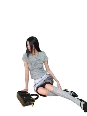 VILZSTUDIOS Stylish Grey Summer Short Sleeve T-Shirt With Lace Midi Skirt