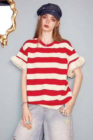 VILZSTUDIOS Colorful Stripe Mesh Splice Loose T-Shirt