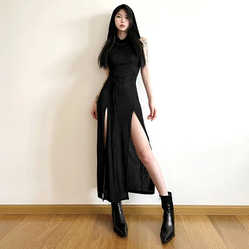 VILZSTUDIOS Gothic Sleeveless Ruffles Mesh Midi Dress
