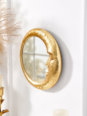 VILZSTUDIOS 1PC, resin material gold face meniscus round decorative hanging mirror, decorative home art pendant, creative makeup mirror.