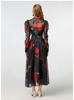 VILZSTUDIOS Elegant Black Bow Tie Sheer Dress