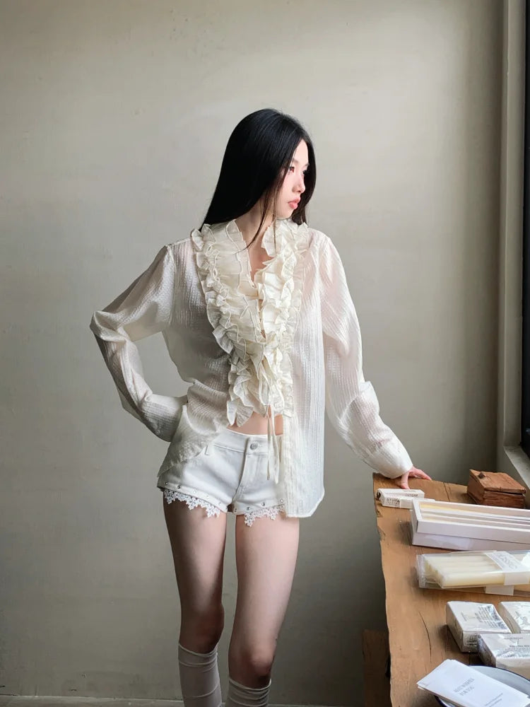 VILZSTUDIOS Ruffled Sheer Long Sleeve Designer Shirt