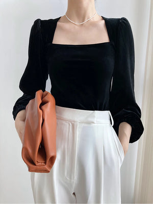VILZSTUDIOS Black Velvet Square Neck Blouse