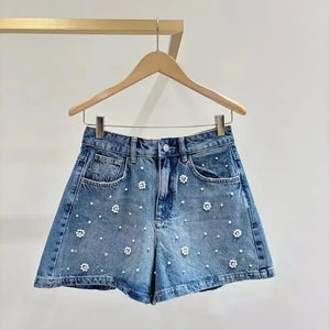 VILZSTUDIOS Floral Pearl Decoration Casual Denim Shorts