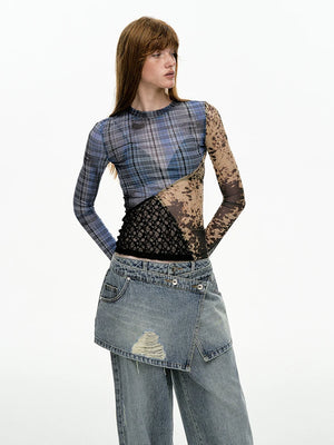 VILZSTUDIOS Stylish Plaid Mesh Patchwork Long Sleeve Top