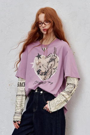 VILZSTUDIOS Oversized Newspaper Print Long Sleeve T-Shirt