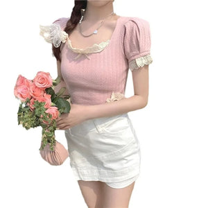 VILZSTUDIOS Spicy Girl Square Neck Lace Shirt