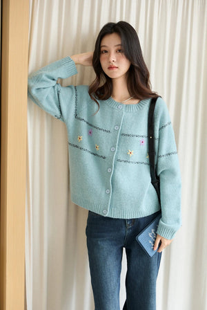 VILZSTUDIOS Blue Knit Floral Cardigan