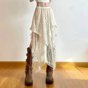 VILZSTUDIOS Vintage Boho Lace Asymmetrical Skirt