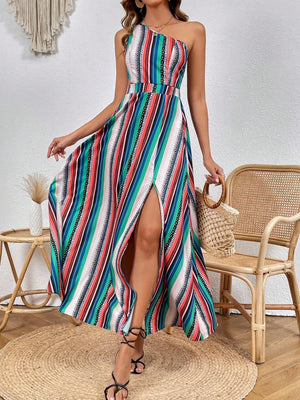 VILZSTUDIOS Striped Print One Shoulder Summer Dress