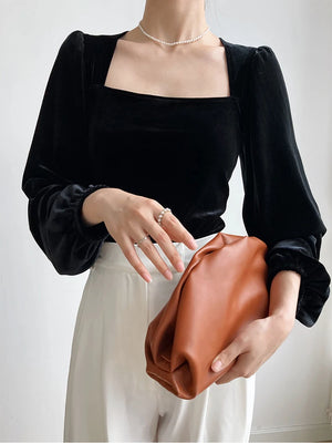 VILZSTUDIOS Black Velvet Square Neck Blouse