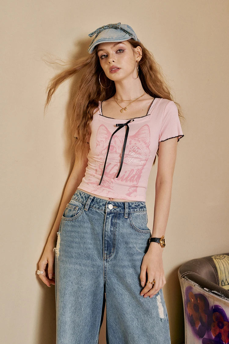 VILZSTUDIOS Chic Cat Print Square Neck Cropped T-Shirt