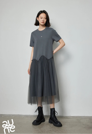 VILZSTUDIOS Stylish Mesh Splicing Mid-Length Skirt T-Shirt